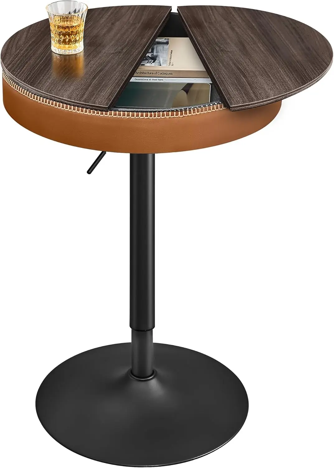 Collection - Height Adjustable Bar Table, Round High Pub Table with Storage, Synthetic Leather with Stitching, Mid-Century Moder