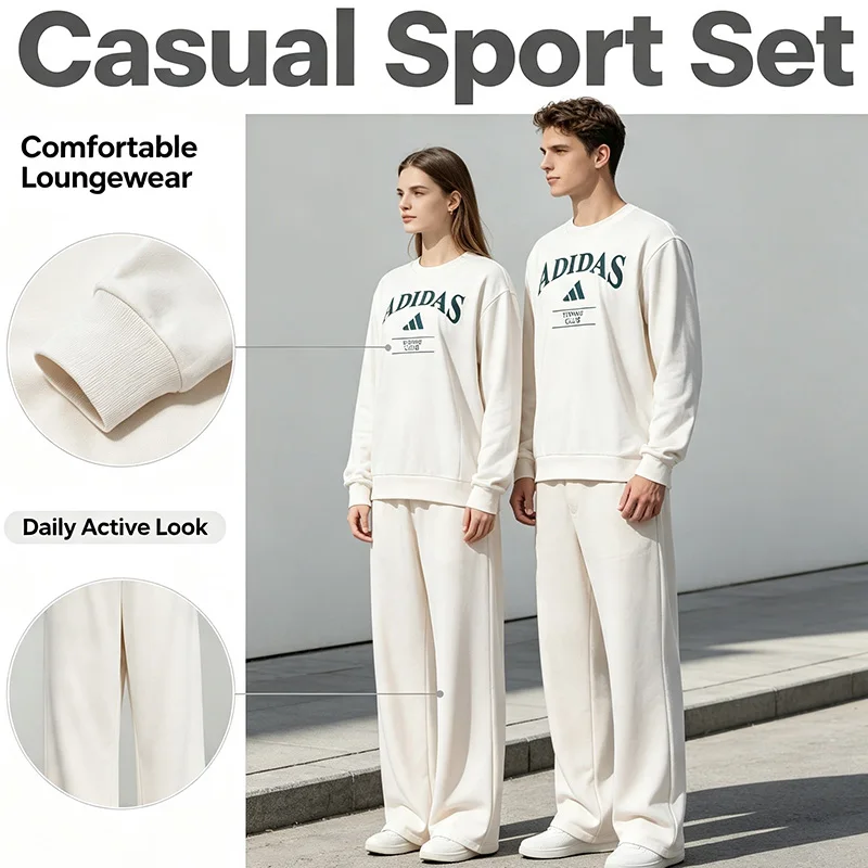 Adidas Sweatshirt Purple Tracksuit White Tracksuit Women 2-Piece Soft Fleece Casual Sport Set Sweatshirt Sweatpants Loungewear