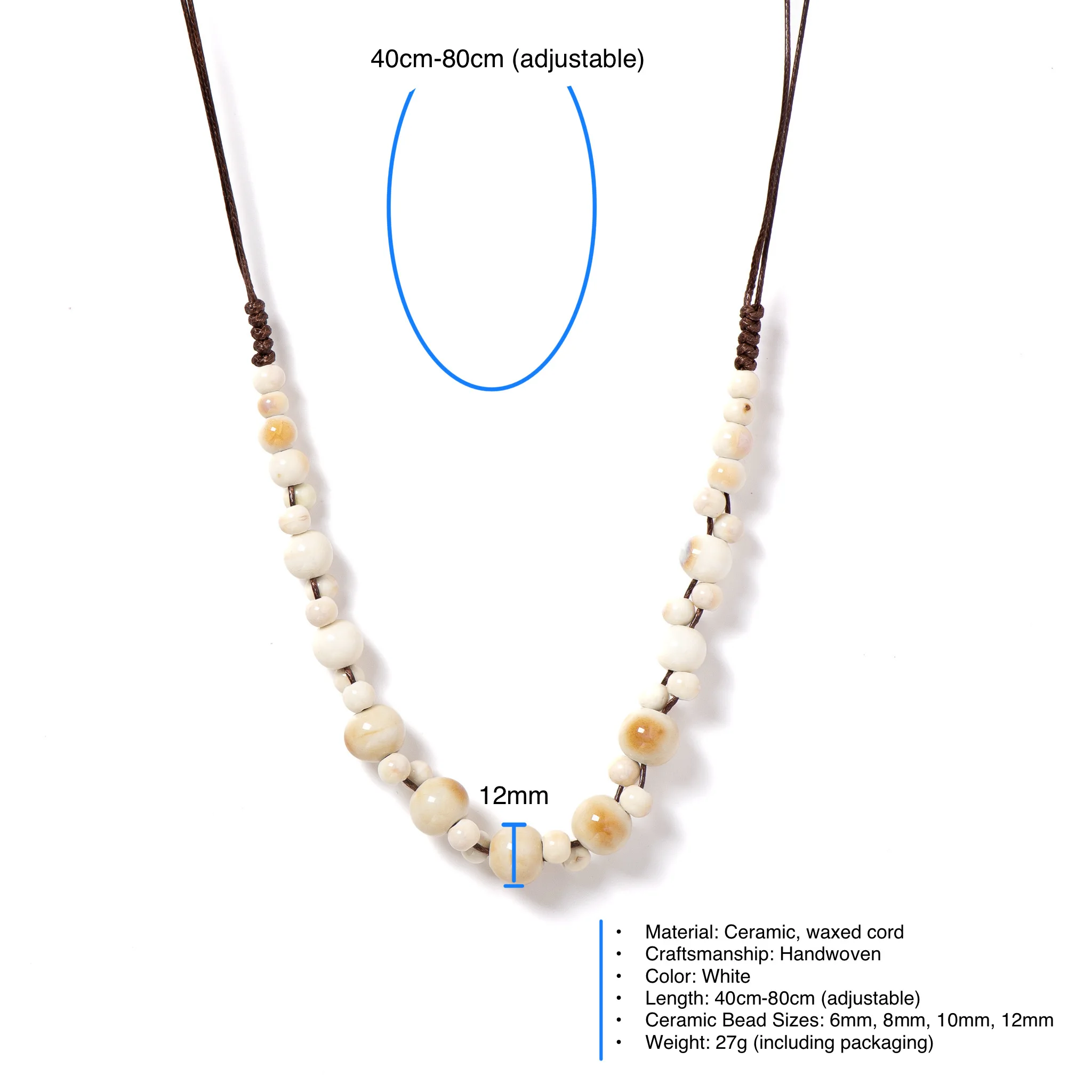 Amber Handmade Ceramic Necklace Boho White Pendant Vintage Jewelry Simple Adjustable Accessory 1110
