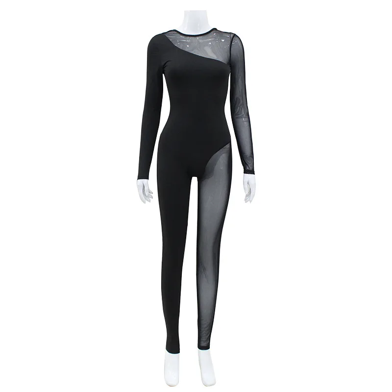 2024 European and American Women Mesh Velvet Splicing Sexy Cross Hollow Tight High Waist Jumpsuit Long Sleeved Bodysuit