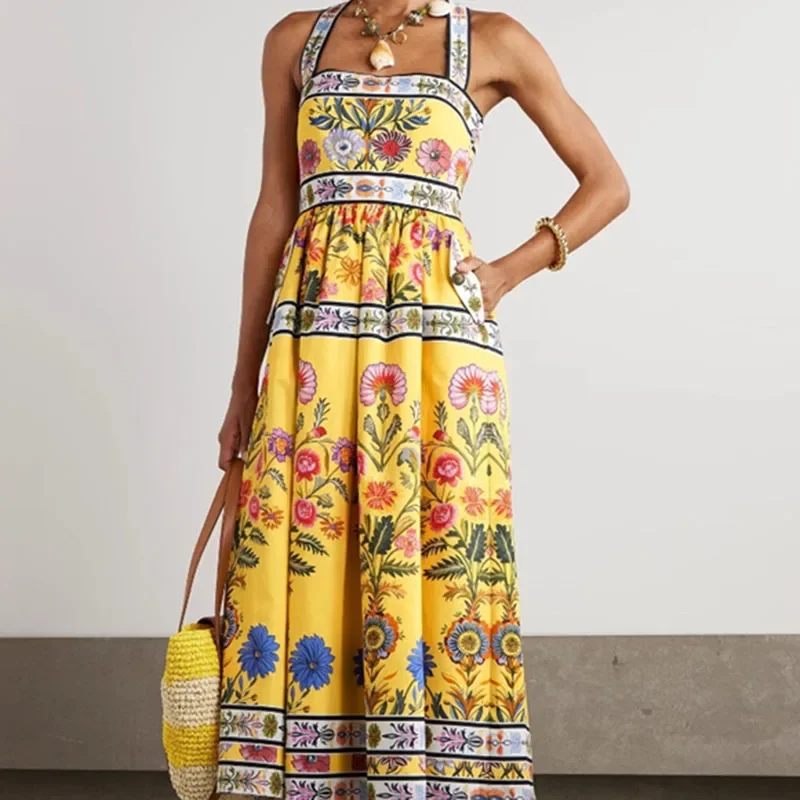 Elegancka Sukienka Damska w Stylu Vintage z Plisowanym Nadrukiem Boho, Seksowna Sukienka Bez Rękawów z Dekoltem typu Halter i Odkrytymi Plecami, Długa Sukienka Codzienna z Kieszeniami i Wycięciami, Sukienka Wakacyjna