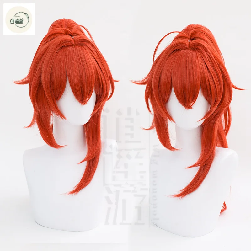 Anime Genshin Impact Diluc Cosplay Wig Dark Red High Ponytail Heat-resistant Synthetic Hair Halloween Party Cosplay Wigs+wig Cap