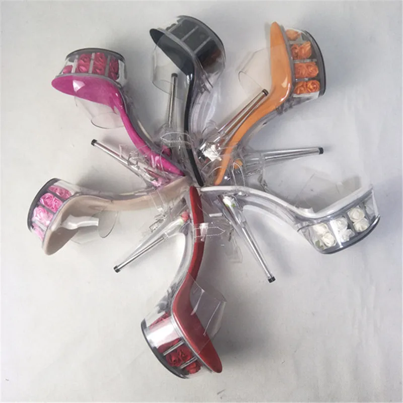 

15cm high heel sandals 5cm rose waterproof platform pole shoes, model nightclub performance, dancing shoes