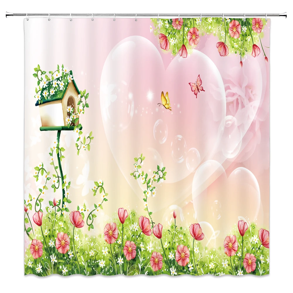 

Cartoon Hand Painted Landscape Shower Curtain Butterfly Plant Flower Scenery Bathroom Decor Waterproof with Hooks Bath Curtains