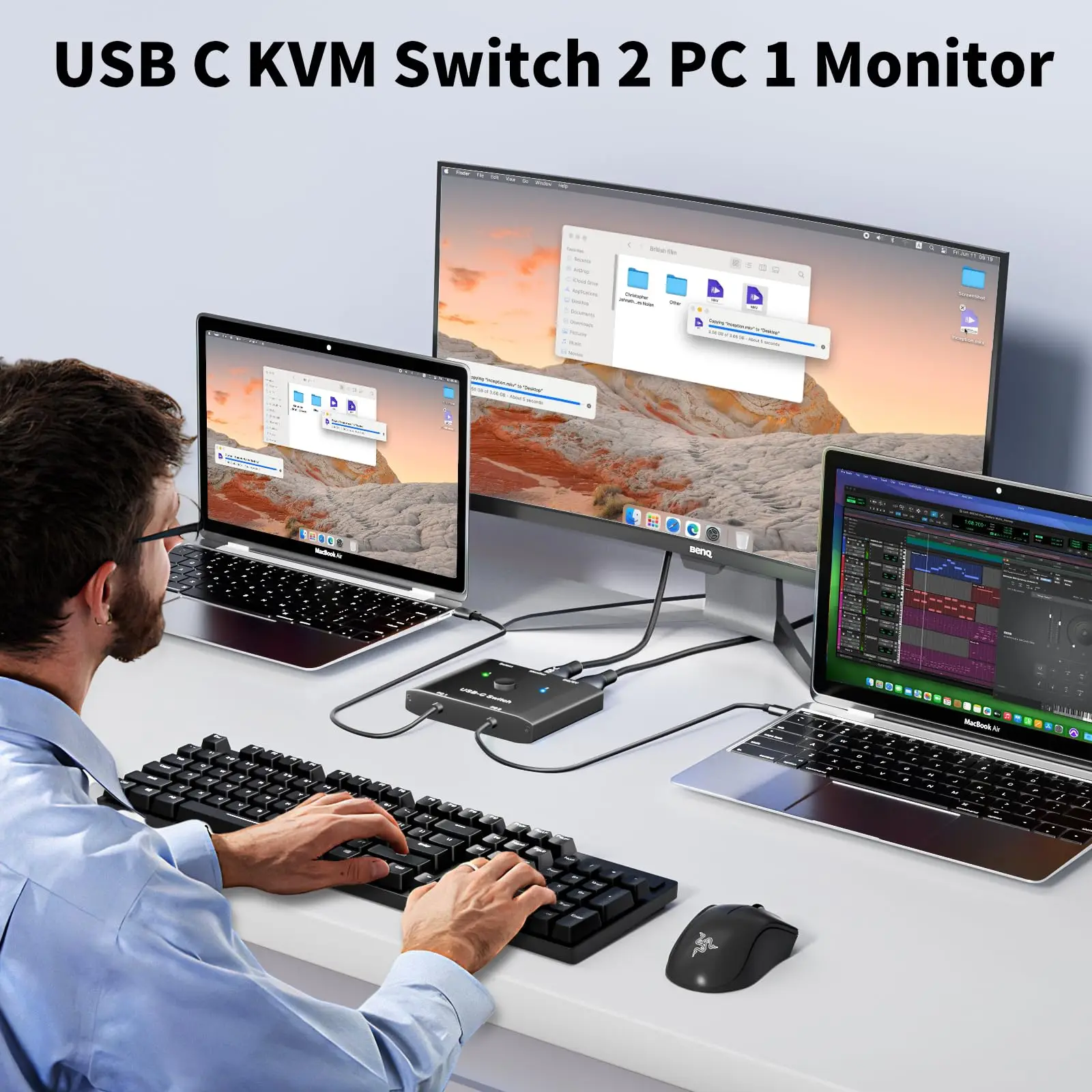 محول USB C 2 كمبيوتر، مفتاح KCEVE ثنائي الاتجاه USB من النوع C KVM 8K@60 هرتز 4K@120 هرتز فيديو/10 جيجابت في الثانية نقل البيانات/100 وات شحن