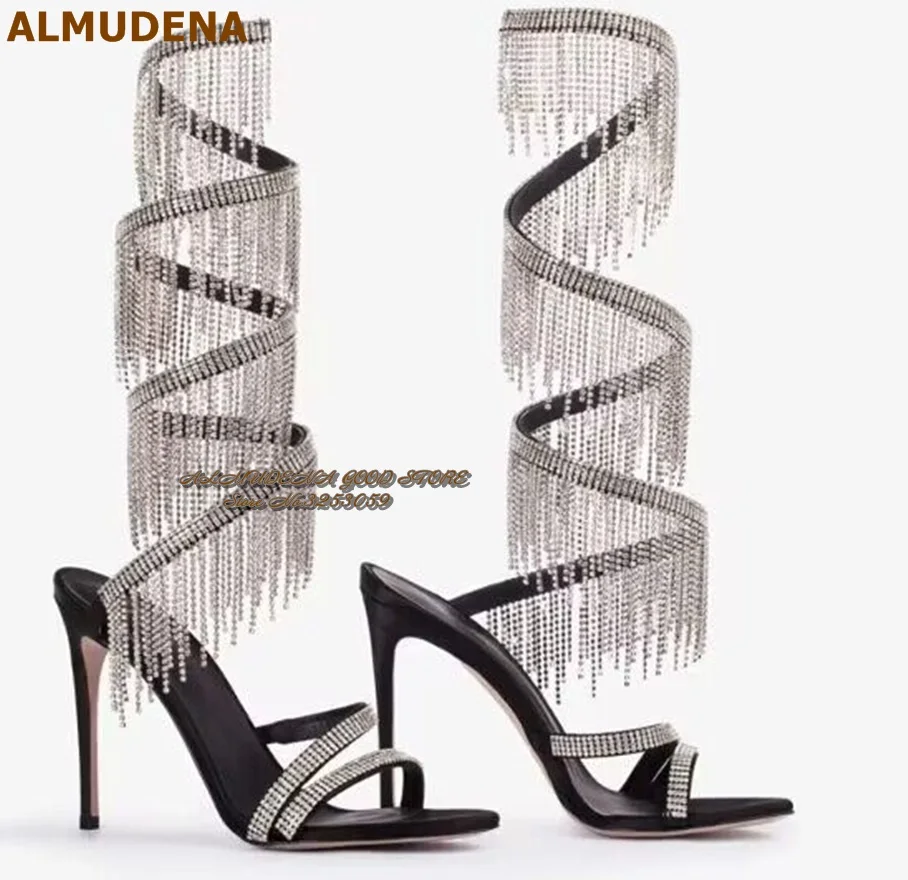

ALMUDENA Silver Crystal Fringe Long Sandals Black Suede S-shaped Snake Rhinestone Chain Sandal Boots Bling Bling Dress Shoes