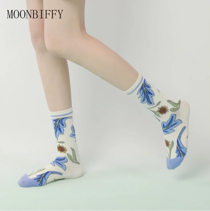 Fashion Trend Flower Socks Women Cotton Tube Sock Chinese Harajuku Retro Ins Students Cute Couple Socks for Girls Calcetines