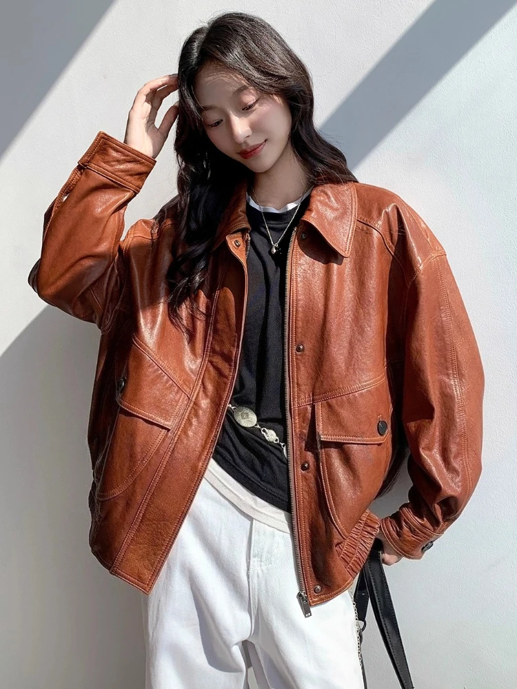 빈티지 천연 가죽 재킷 여성용 봄 가을 2025 신상 고급 심플 솔리드 소프트 루즈 캐주얼 리얼 양가죽 코트