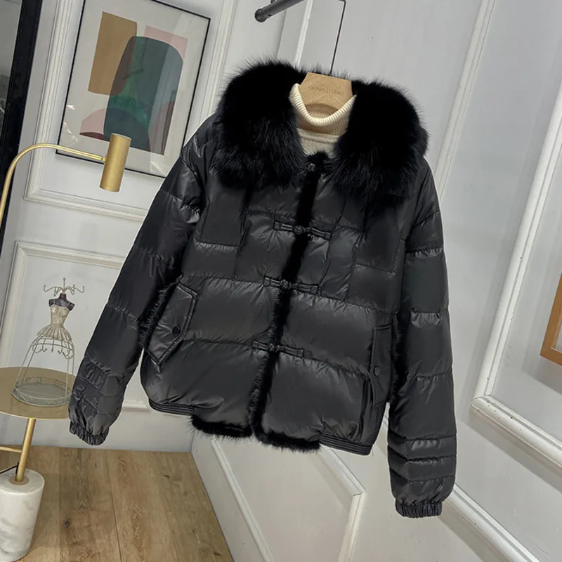 2023 Real Fox Fur Collar Winter Women 90%White Duck Down Jacket Ladies Short Warm Puffer Coat Female Loose Vintage Parka