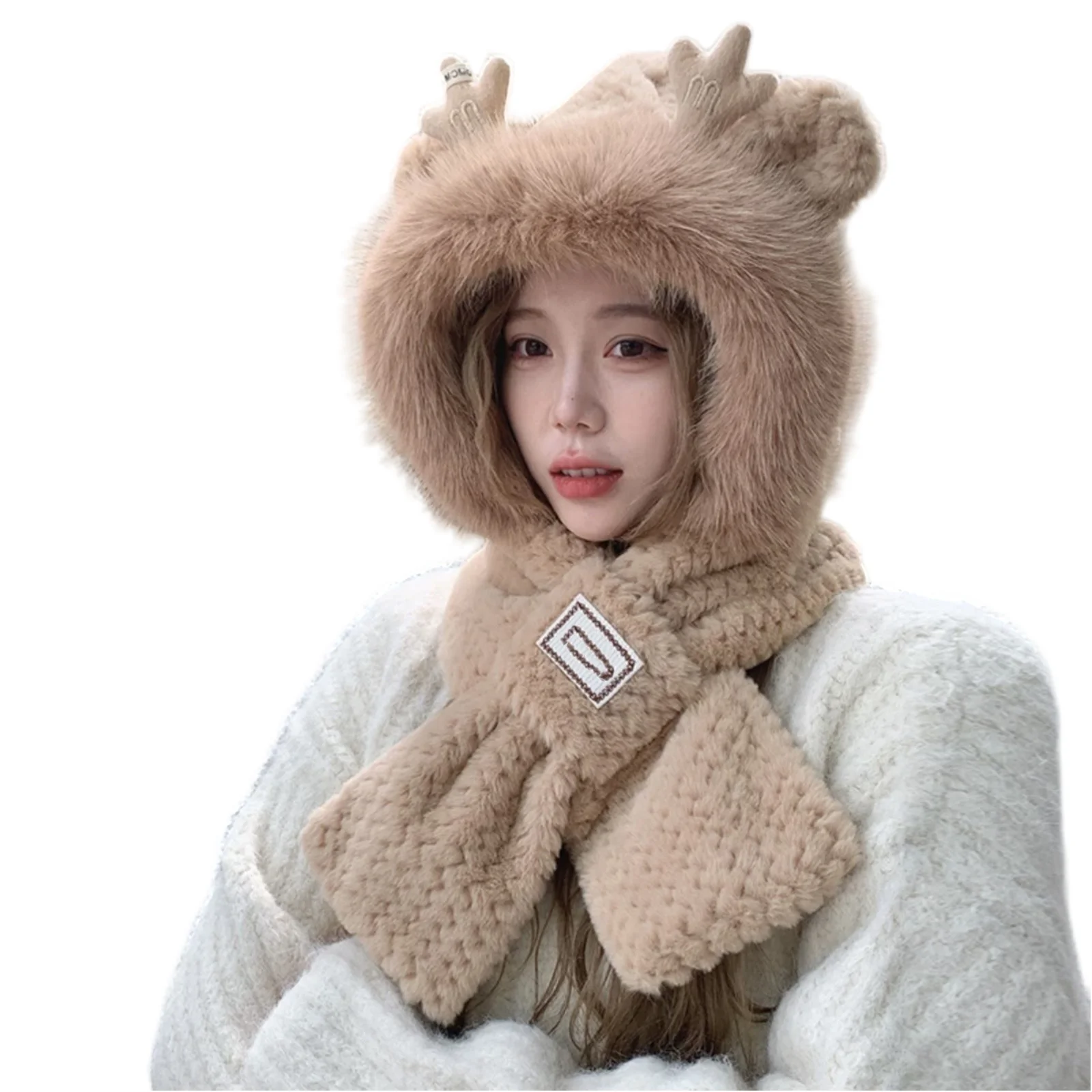 جميل الشتاء قبعة تدفئة وشاح مجموعة النساء فو الفراء قبعة الشتاء الدافئة الوالدين الرقبة دائرة وشاح تزلج الثلوج قبعة قبعة محبوك قبعات الرأس #1