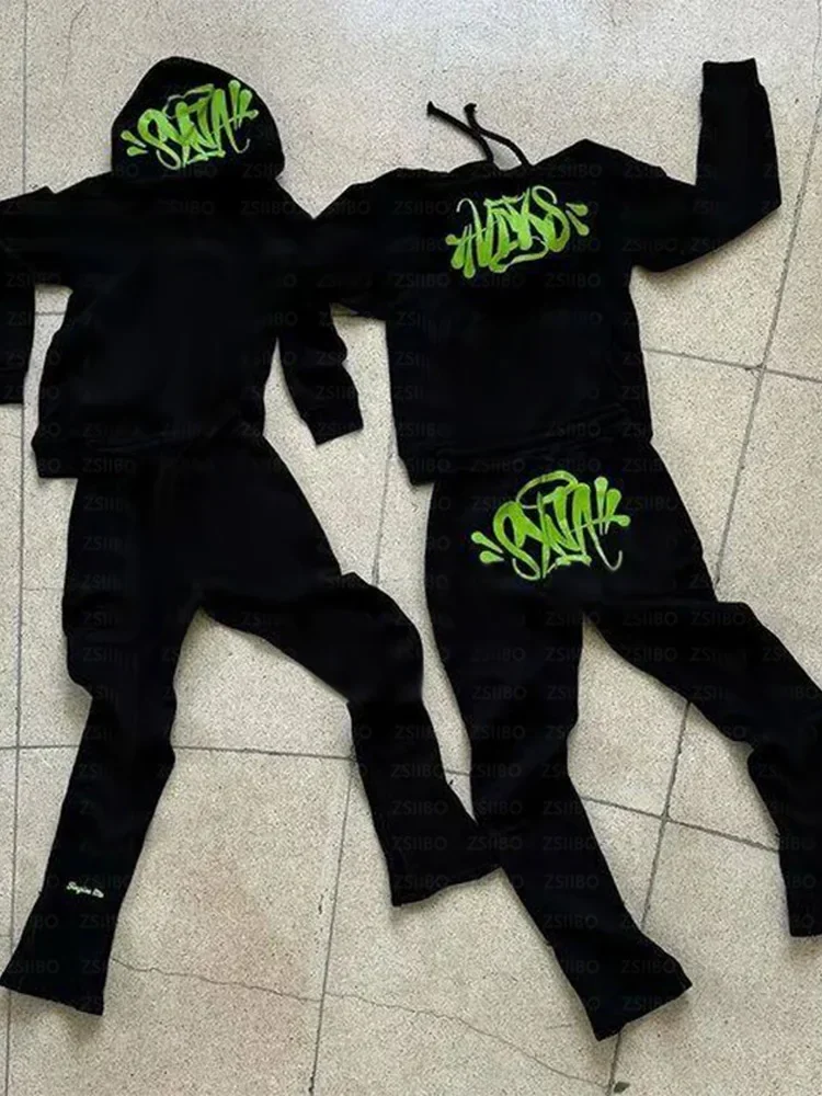 Y2k Street Męskie bluzy z kapturem Proste spodnie 2-częściowy zestaw Hip Hop Sportowe spodnie z kapturem Luźny bawełniany dres z nadrukiem