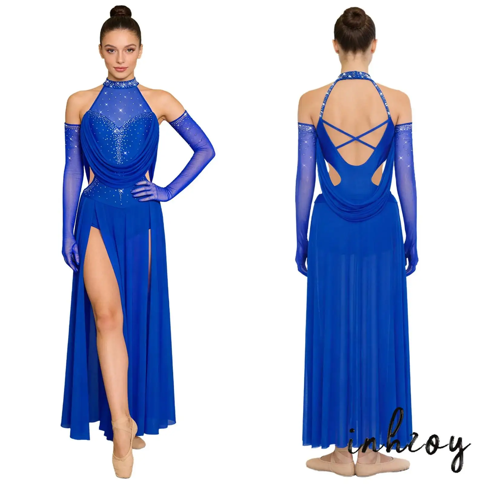 

Elegant Latin Jazz Dance Costume for Women Halter Sleeveless Dress and Full Finger Gloves Set Lyrical Ballroom Jazz Dancewear