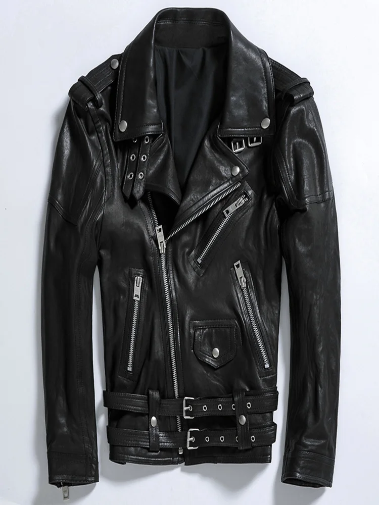 

Spring New Black Oblique Zipper Leather Jacket Men's Slim Genuine Sheepskin SVegetable Tanned Motorcycle Biker Coat