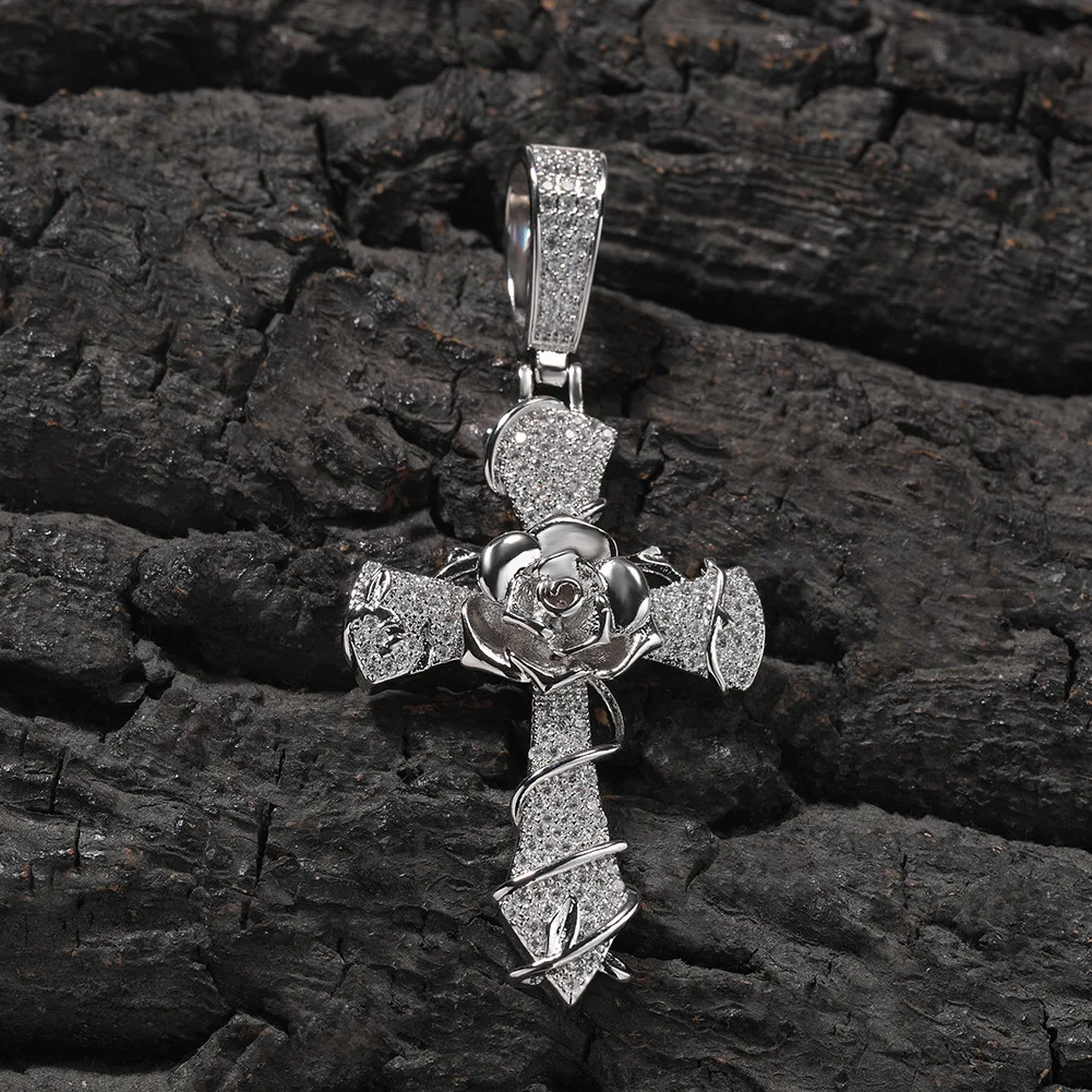 New Rose Cross Shape Bling Bing Iced Out Pendant Necklace Rock Rapper Fashion Hip Hop Jewelry BP277