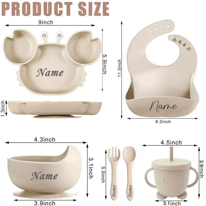8Pcs Baby Feeding Set Children\'s Crab Plate Bowl Straw Cup Set Free Personalized Name Logo Tableware For Kids Baby Accessories