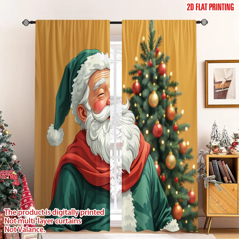 

2pcs 2D flat printing Merry Christmas Window Drapes Santa Claus Christmas Tree Decorations Polyester Without Electricity