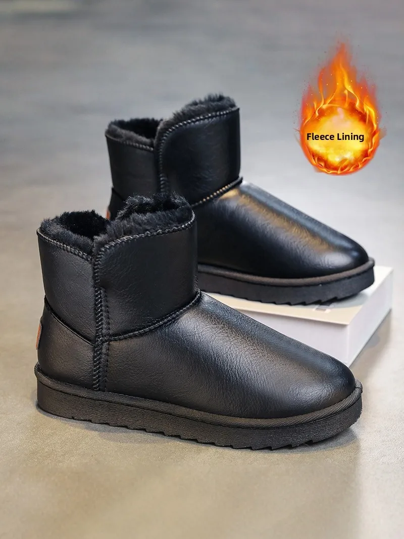 Men's Winter Snow Boots Fleece Lined Bread Style Waterproof Non Slip Warm Cotton Shoes Leather And Fur Integrated Booties