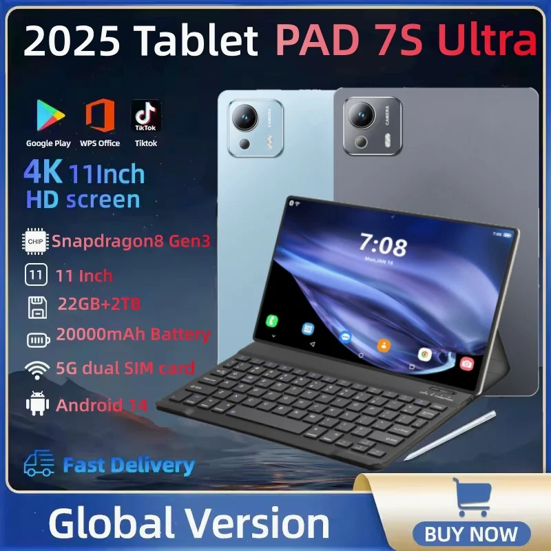 

2025 НОВЫЙ оригинальный планшет PAD 7S Ultra 11 дюймов HD 4K Snapdragon 8gen3 Android14 22 ГБ + 2T 20000 мАч 5G Dual SIM WiFi GPS Tablet