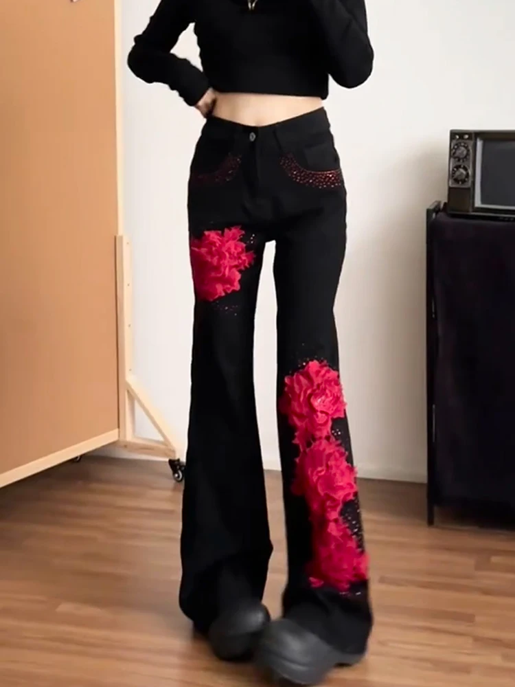

Retro American High Street Design Sensation Small Rose Splicing Jeans Women's Slimming Micro Flared Pants Autumn Faion