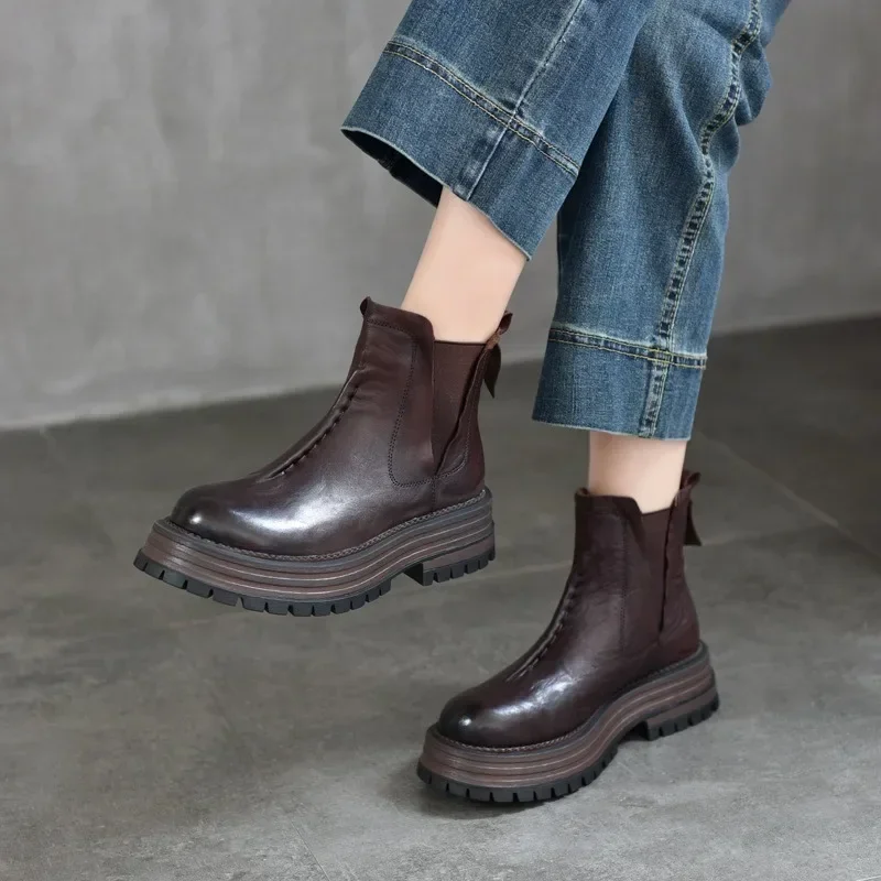 Birkuir retro plataforma plana de pelúcia chelsea botas para mulheres deslizamento em botas de neve 2024 couro genuíno luxo botas de tornozelo de salto grosso