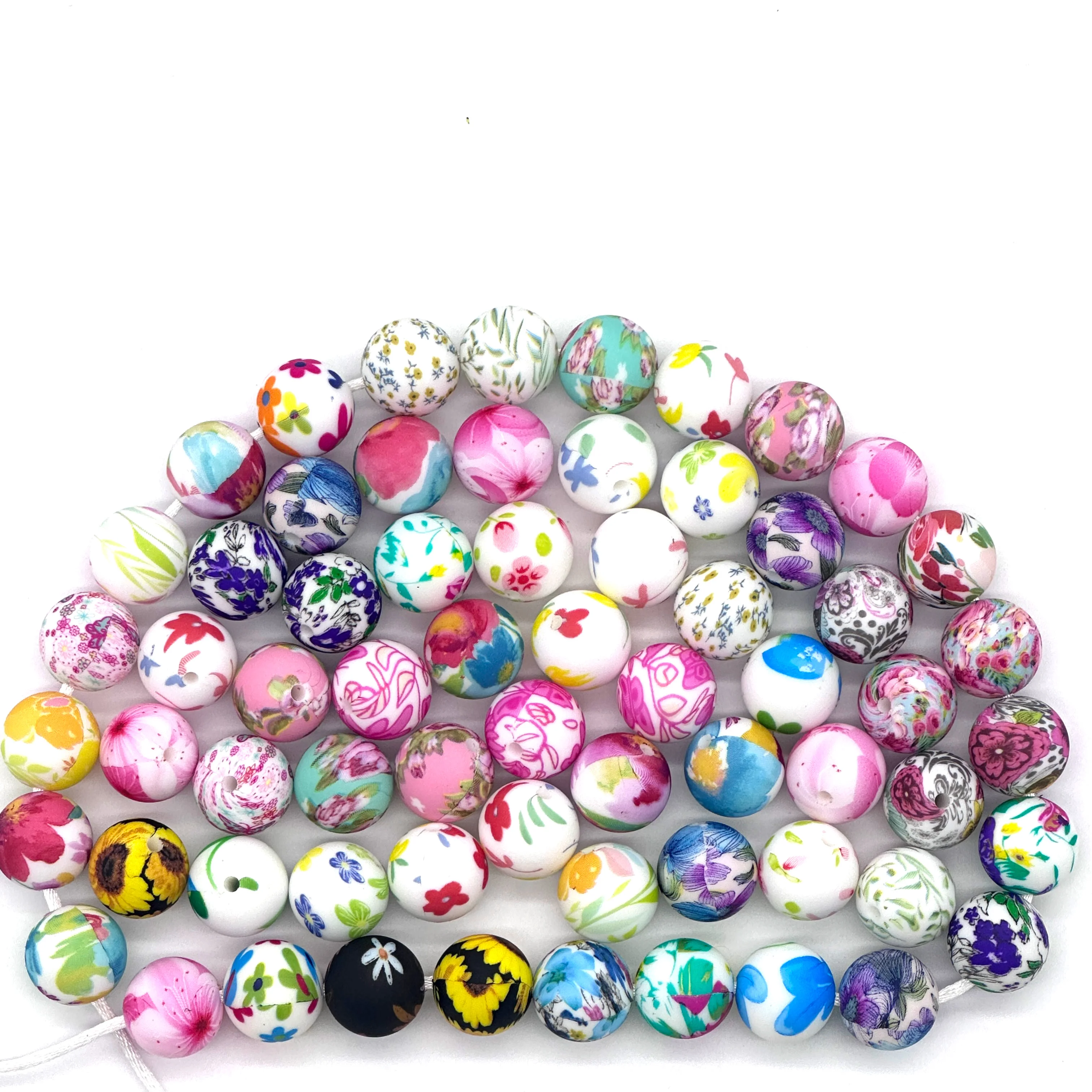 10 stuks 15 mm siliconen bedrukte kralen ronde bloemserie siliconen kralen DIY ketting plastic pen kraal sleutelhanger armband