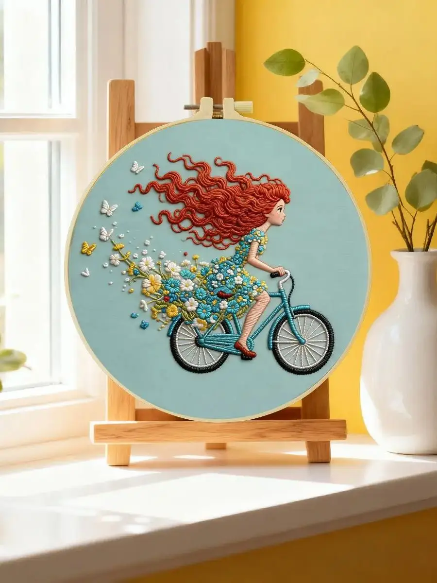1 Stück 20X20CM/15X15CM 7,87/6,3 Zoll Fahrrad-Mädchen Stickerei-Starter-Kit DIY-Kit DIY-Stickerei-Set Handarbeiten Heimdekoration – Detail 6