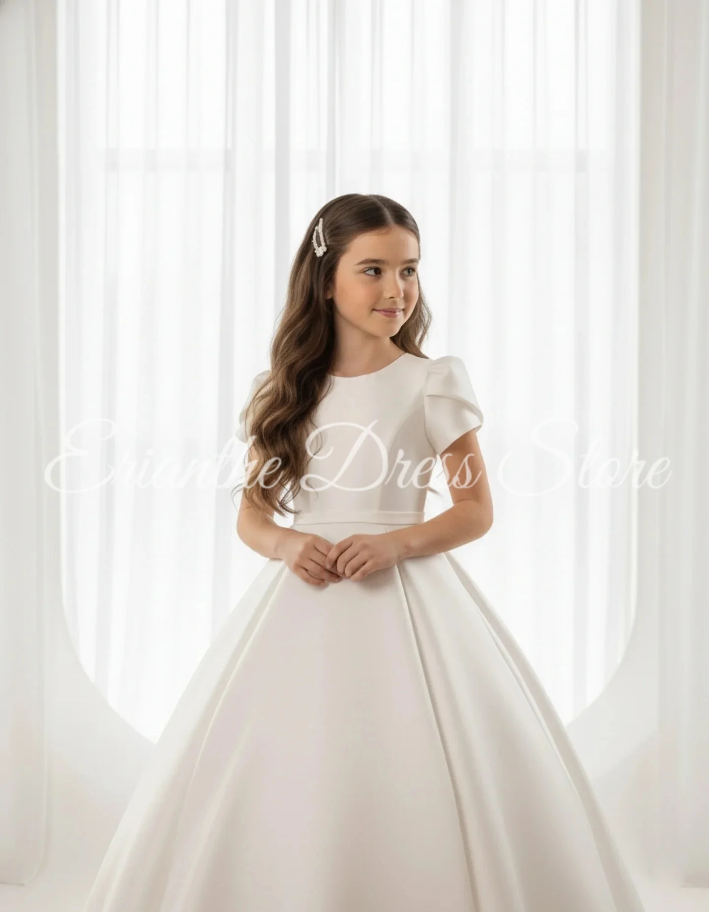 فستان فتاة الزهور من الساتان الأبيض لحفلات الزفاف منتفخ بطول الأرض الأميرة للأطفال وحفلات أعياد الميلاد الأولى فستاين سهرة/فساتين الحفلات حسب الطلب #1