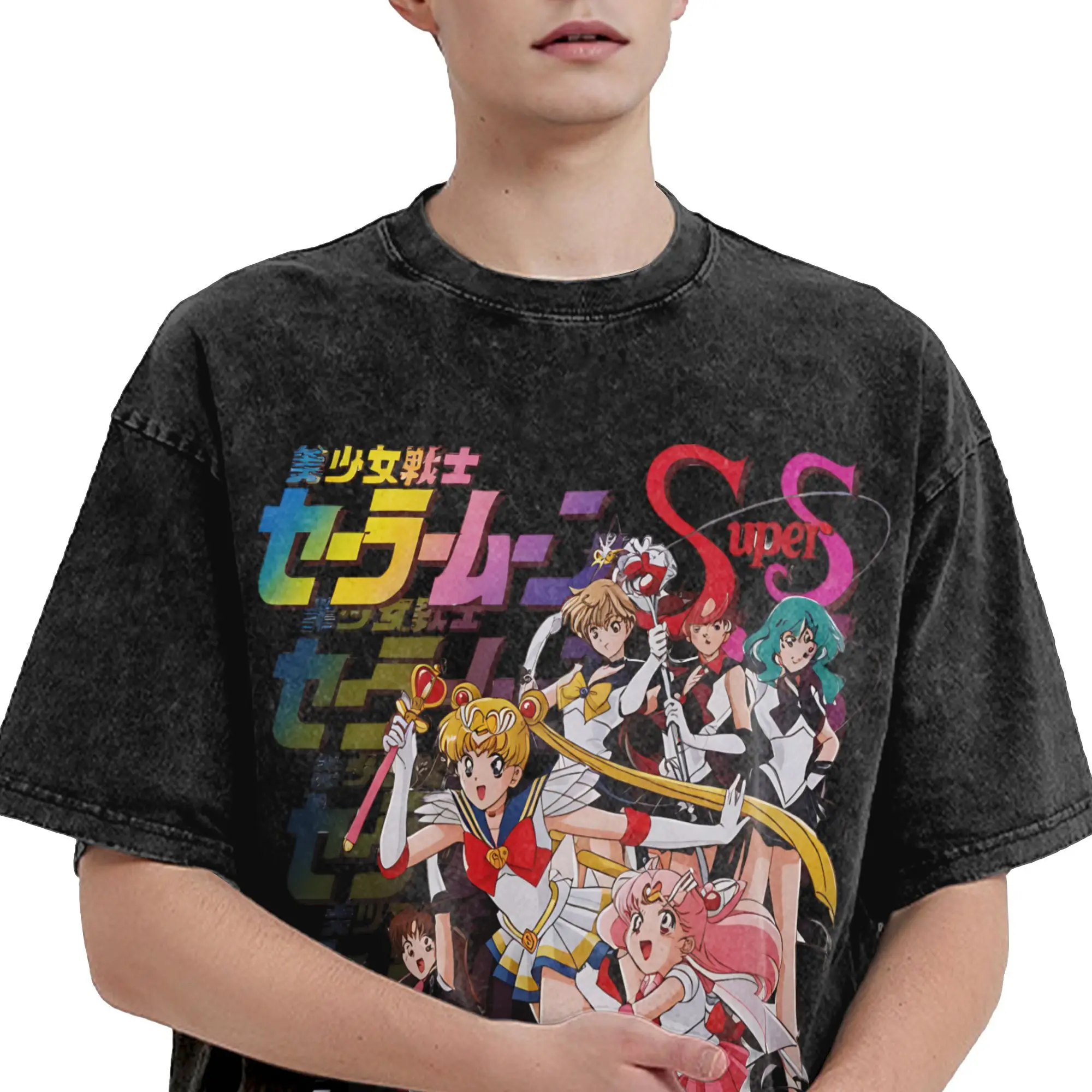 美少女戦士セーラームーンカオスな宇宙の愛ヴィンテージウォッシュ Tシャツメンズコットントップスレトロラウンドネック半袖
