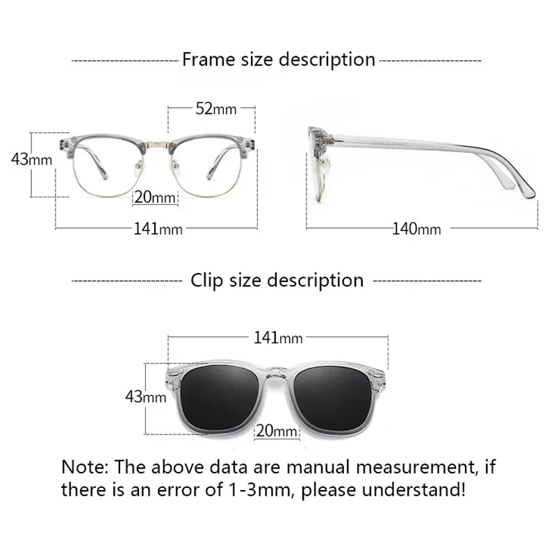 2218A Minding Transparent Grey White Frame 6 in 1 Polarized Clips Magnetic Glasses Sunglasses Magnet Customized