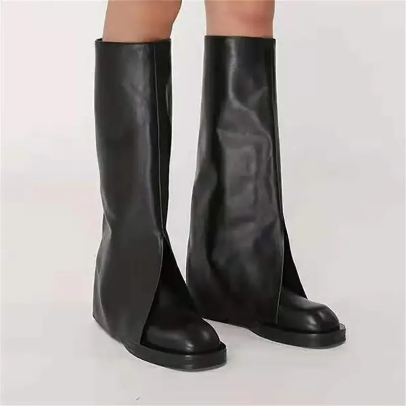 Street Fashion Leather Collar Down Knee Boots Low Heel Thick Sole Square Toe Knight Boots Woman Slip On Foldover Botas