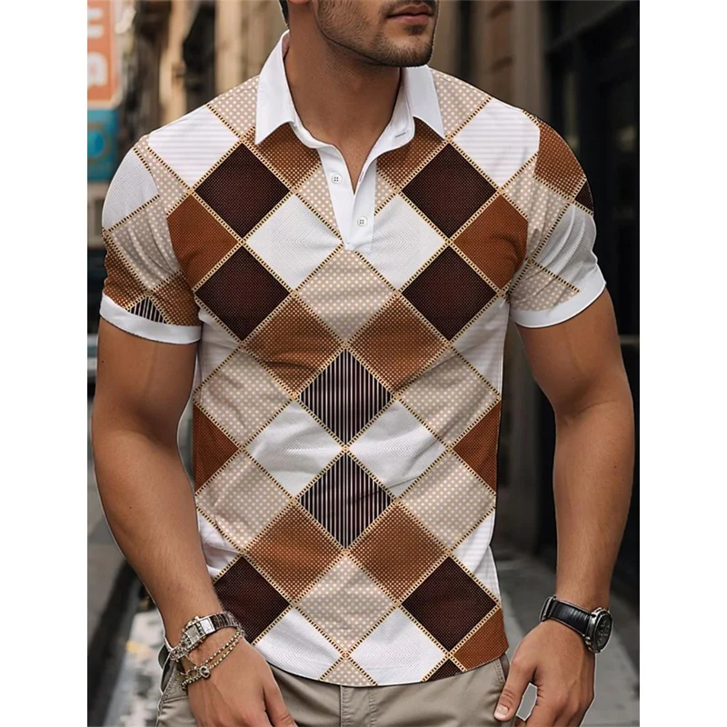 3D Print Striped Block Polo Shirt For Men Funny Plaid Pattern T-Shirt Summer Casual Lapel Tops Loose Short Sleeve Tee Streetwear