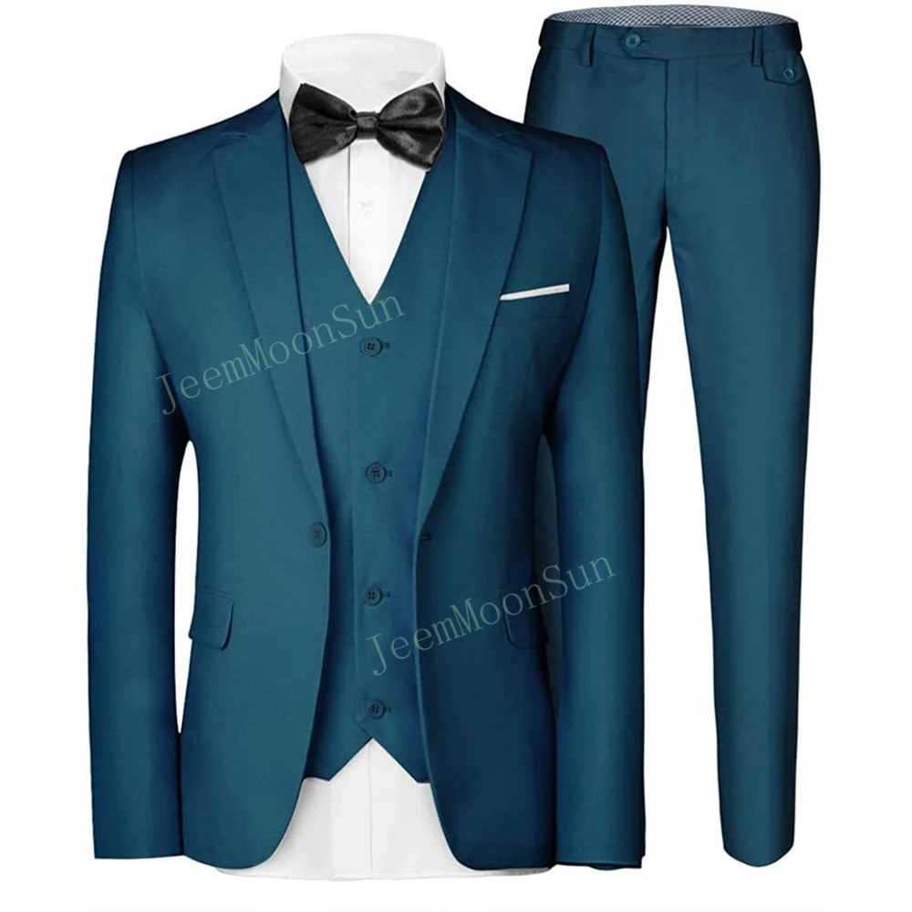 

High Quality Sea Blue Men Suits 2025 Wedding Formal Business Groomsmen Suit 3 Pieces Suit Sets Blazer Vest Pants Costume Homme