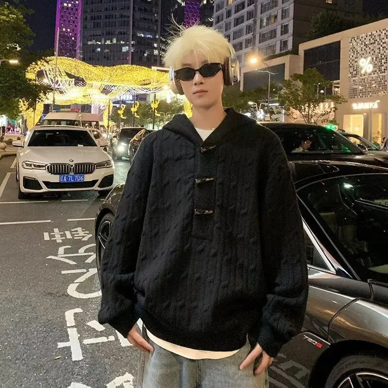 2026 Autumn Winter New Knitted Men's Casual Loose Hoodie Sweatshirt Korean Retro Cow Horn Button Half Open Hooded Pullover