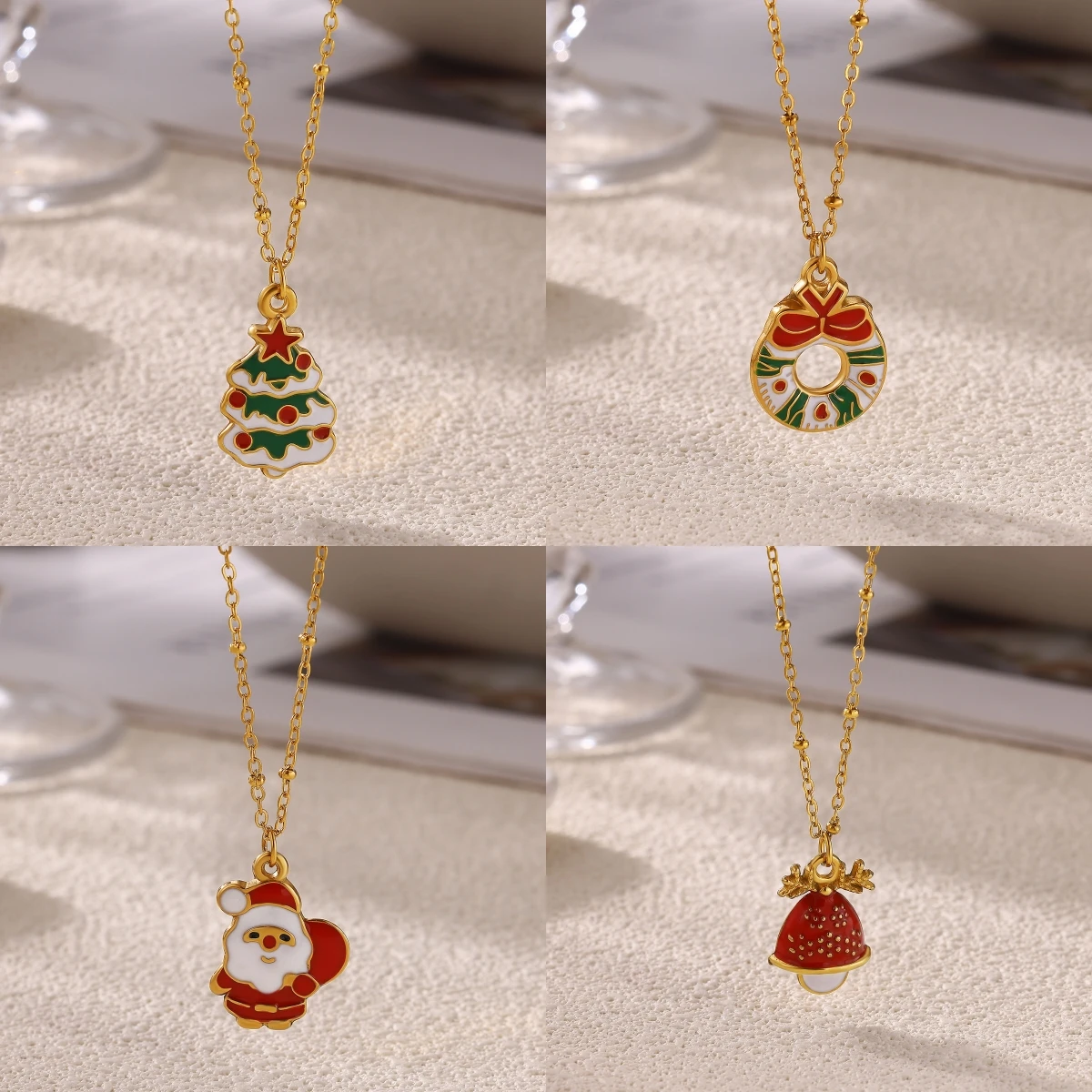 Bunte Emaille-Weihnachtsbaum-Santa-Anhänger-Halskette für Damen, goldfarbene Edelstahlkette, Winter-Feiertags-Party-Schmuck – Detail 1