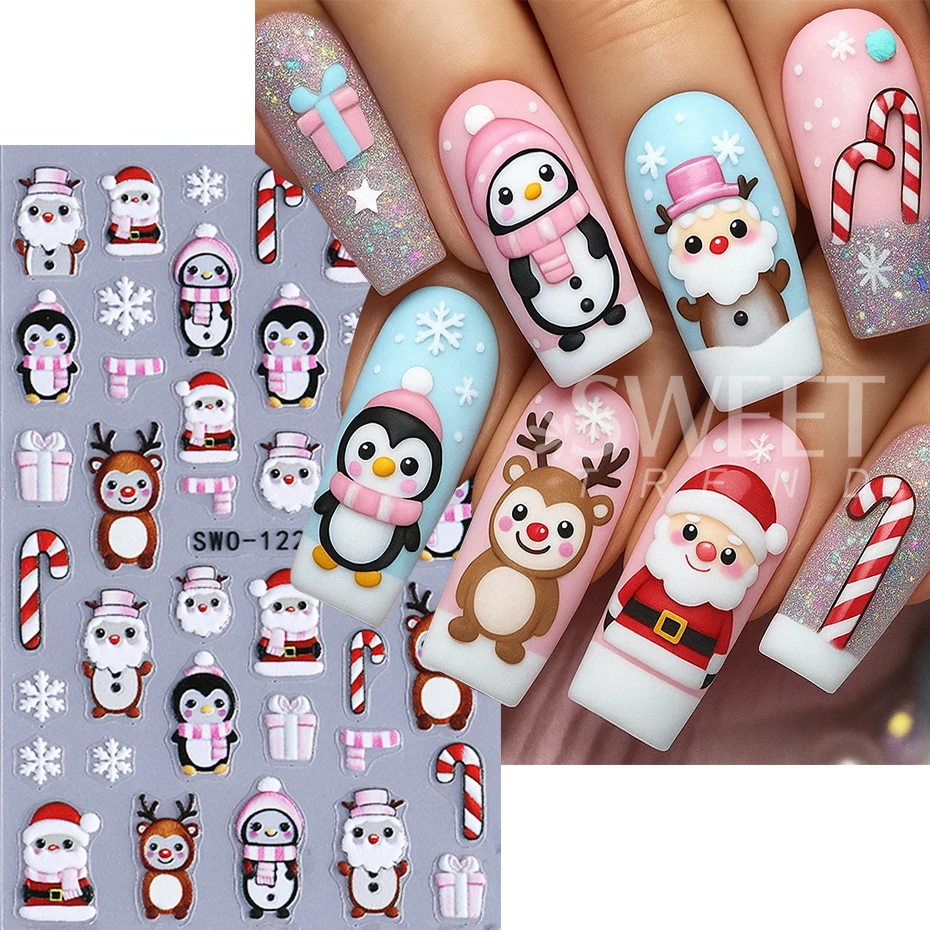 3pcs Embossed Christmas Snowman Nail Stickers Cute Santa Claus Penguin Bear Snowflakes Nail Decals Holiday Manicure Decoration