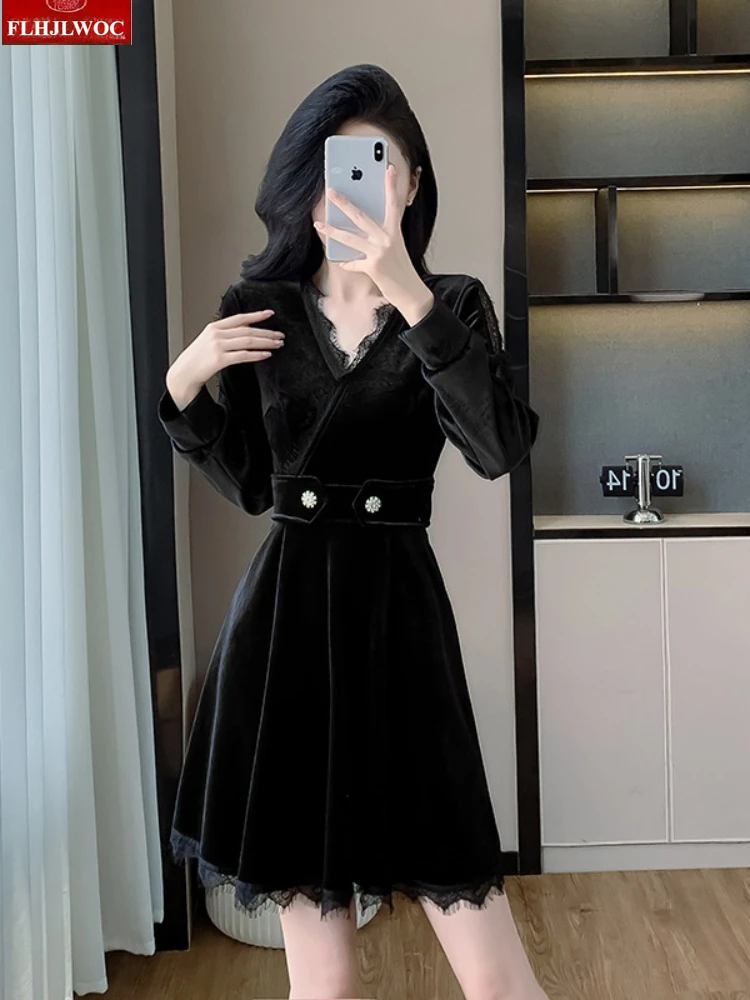 Robes chemise rétro en velours noir, nouvel an, fête de noël, filles mignonnes, femme, manches longues, boutons perlés scintillants, Mini robe en dentelle noire