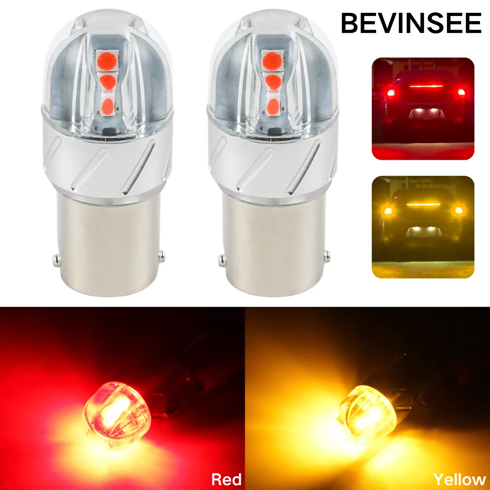 

BEVINSEE 2x 1156 BA15S P21W 1157 BAY15D P21/5W 3157 P27/7W T25 LED Turn Signal Light Bulbs Red Yellow Brake Tail Reverse Lights