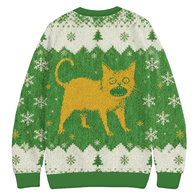 Moda hombre Horrible gato japonés Navidad feo sudadera Vintage otoño manga larga cuello redondo suéter jerseys de gran tamaño