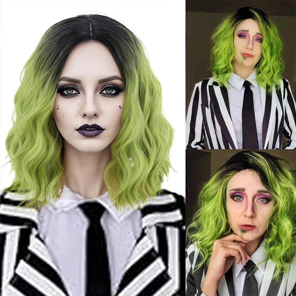 Synthetic Wig For Women Black Green Gradient Water Ripple Shoulder Length Curly Hair Explosive Top Dye Halloween Cosplay Wig