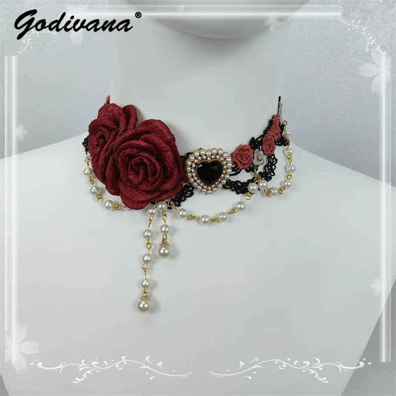 

Original Lolita Necklace Rose Retro Flower Gem Stone Pearl Chain Gorgeous Choker Necklace Girls Female Lolita Bridal Jewelry