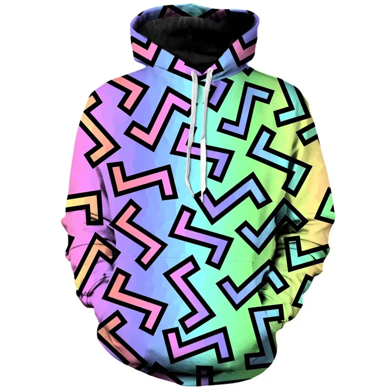 Geometric 3D Printed Hoodie For Men Colorful Y2k Graphic Sweatshirt Street Personality Kids Pullovers Loose Long Sleeve Tops