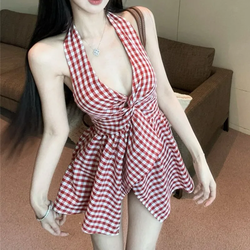 Hot Girl Sexy Long Camis Halter Irregular Strap Plaid Tops 2025 Summer New Twisted Back Lace-Up Elastic Fashion Tee Top