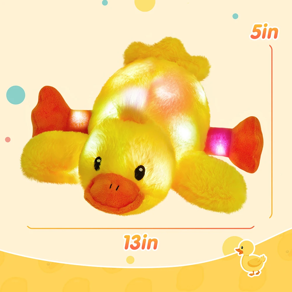 34cm Lying Yellow Duck Doll Stuffed Animal Doll Toys with LED Light-up Musical Cute Duck Plush Toys Glow Singing Gift for Girls