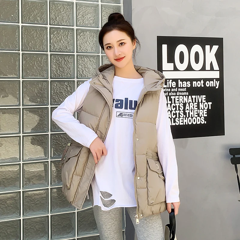 Zipper Loose Casual Warm Cotton Jacket Autumn Winter Women's Vest Hooded Solid Color Sleeveless Pocket Coat for Ladies