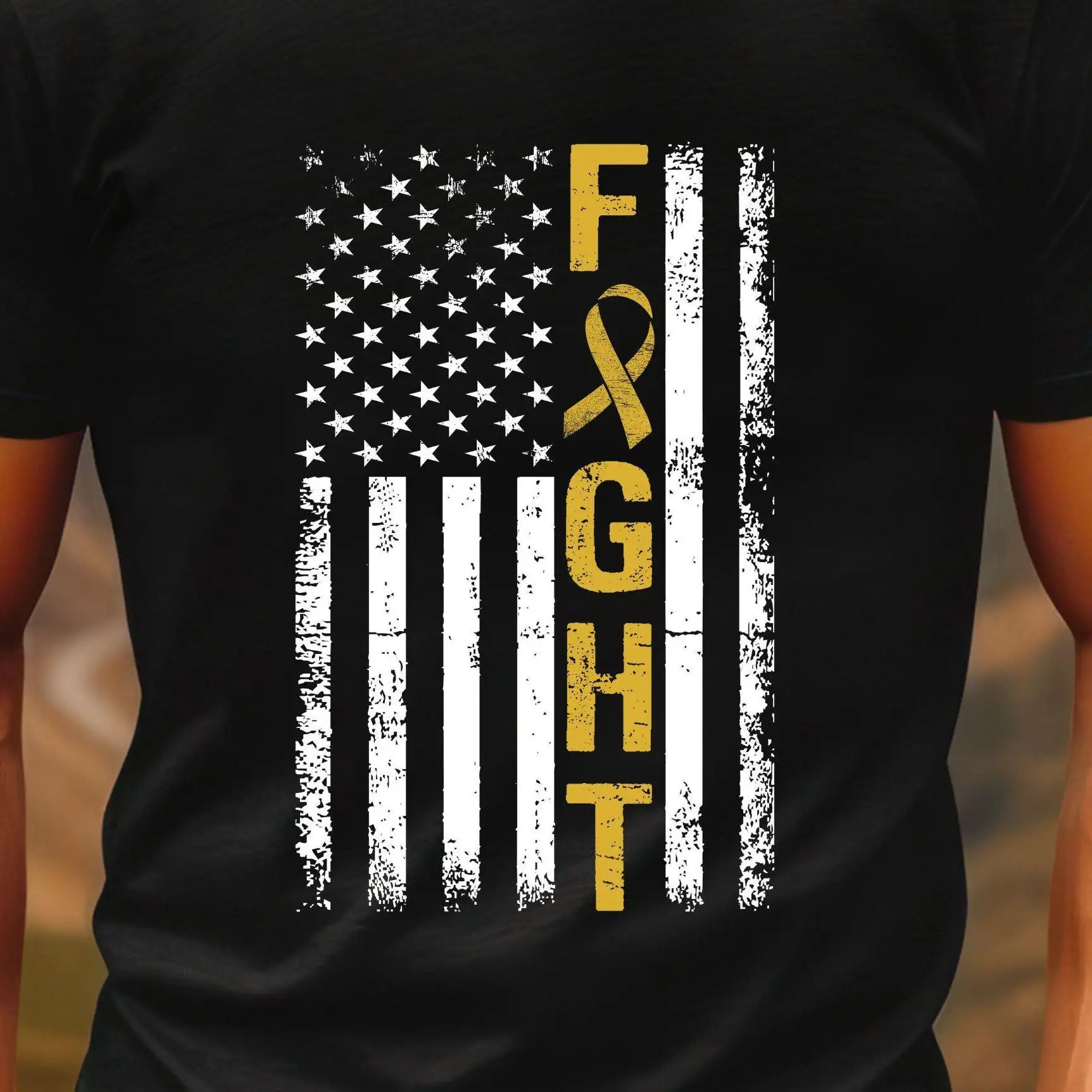 

Childhood Cancer Awareness T Shirt Gold Ribbon American Flag Fight Top Jersey vintage Washed Versatile Comfortable Casual