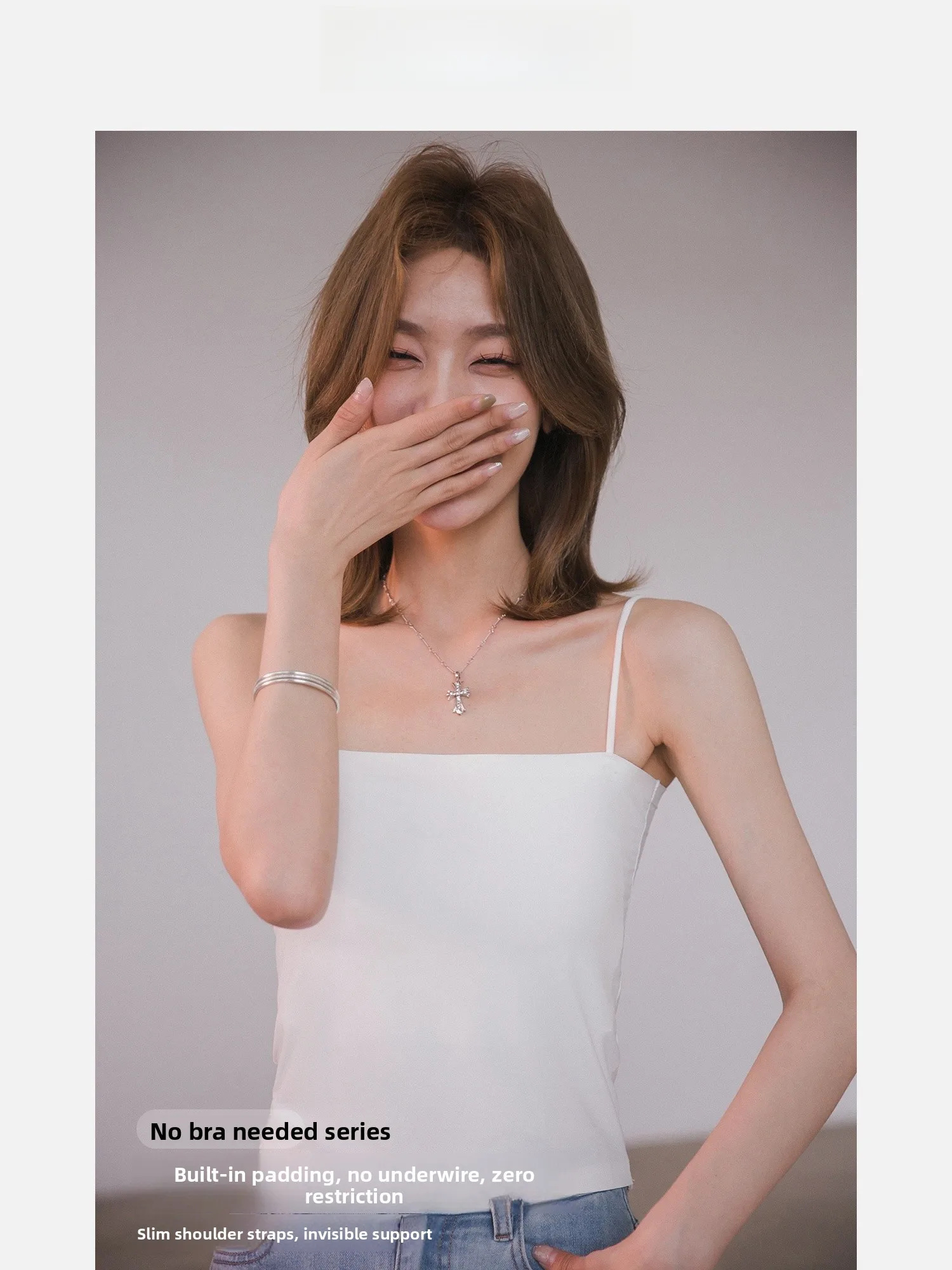 เสื้อชั้นในแบบสตรัปถักทรงสลิมฟิตสไตล์การ์ตูนเกาหลี พร้อมแผ่นรองหน้าอก สายรัดบาง ยืดหยุ่นสูง เสื้อกล้ามสำหรับผู้หญิง ใส่สบายในฤดูร้อน