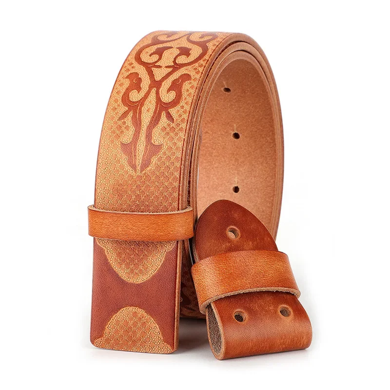 Ethnic Style Genuine Leather Men's Belt Buckleless Mongolian Carved Personality Vegetable Tanned First Layer Cowhide Belt Strip