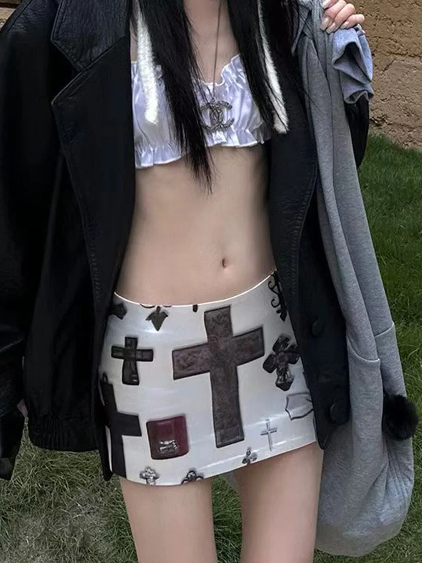 

Sexy American Design Cross Beige Print f-length A-line ort Skirt Women's Summer Ci Commuting Casual Date Dancing Skirt