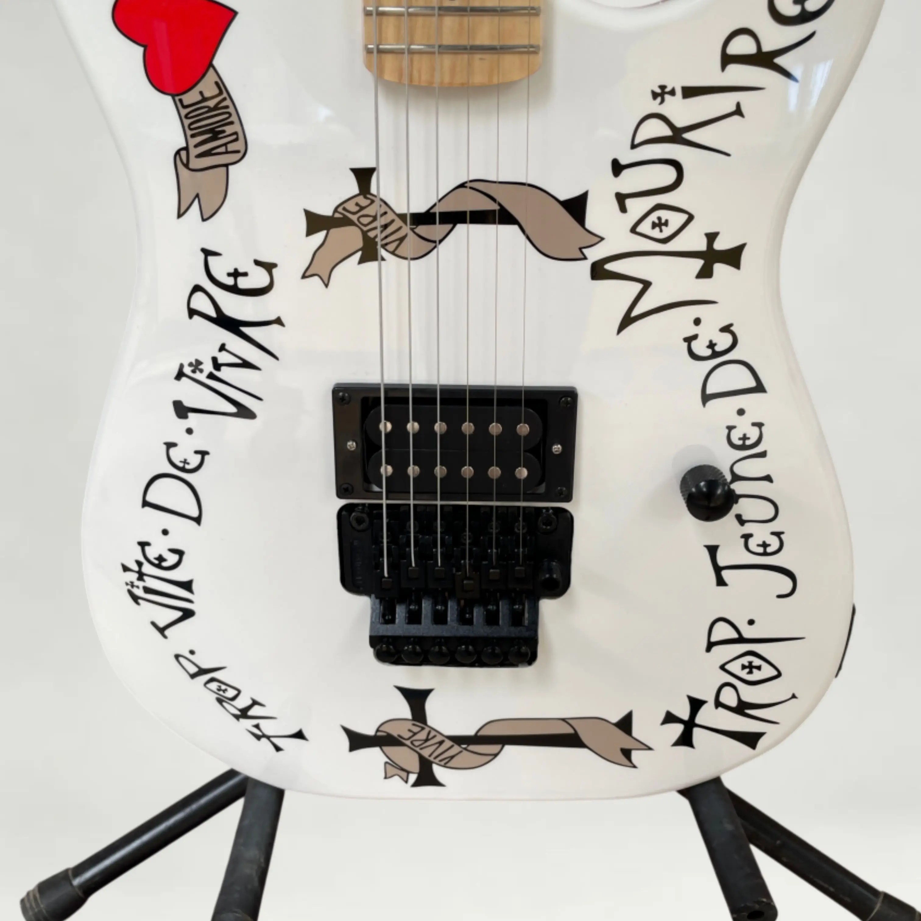 Bright White Art Print Electric Guitar, Black Hardware Guitars,  22 Frets for Rock Metal Playing & Collection Guitarra