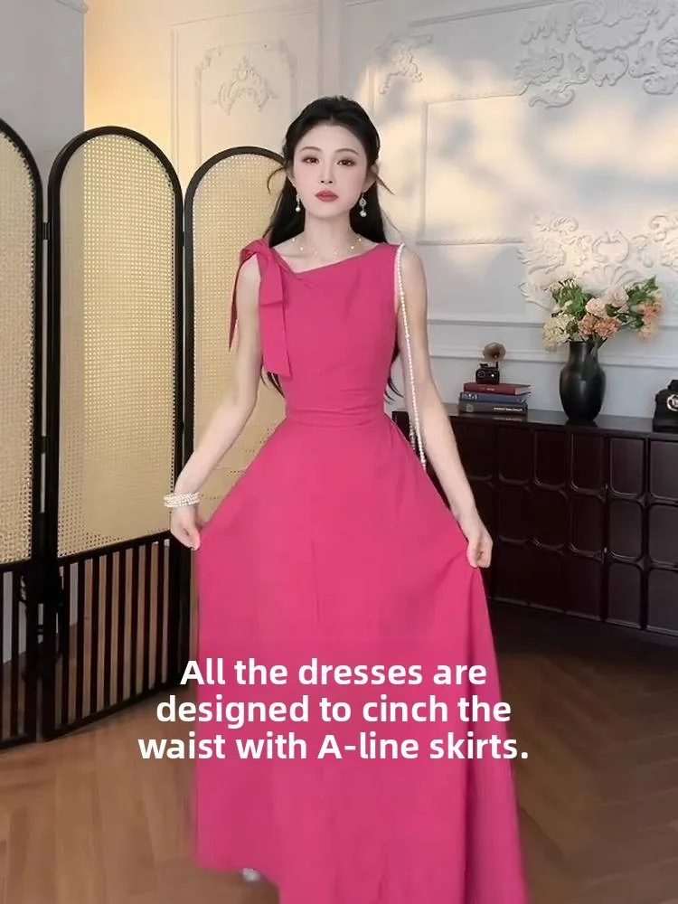 Ele Simple round Ne Svel Dr Women's Summer 2025 New High Waist Slimming Vest Dr A-Line Long Dr